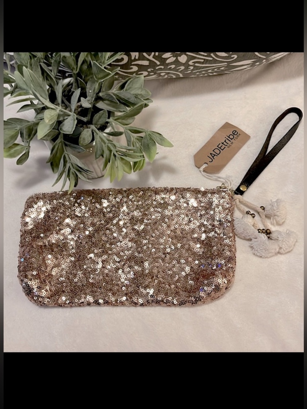 Anthropologie Jade-tribe Rose Gold Metallic Sequins Wristlet Make-up  Pouch Bag